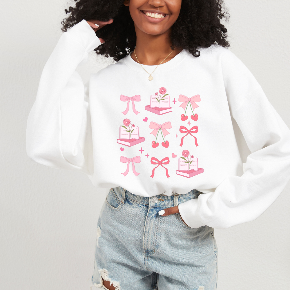 Book Lover Pink Bow Crewneck