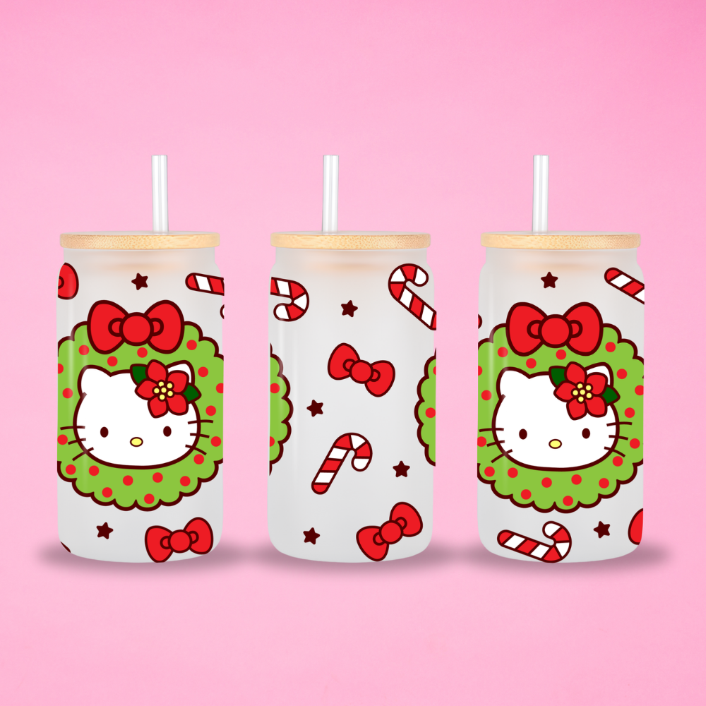 Kitty Christmas 16oz Glass Can