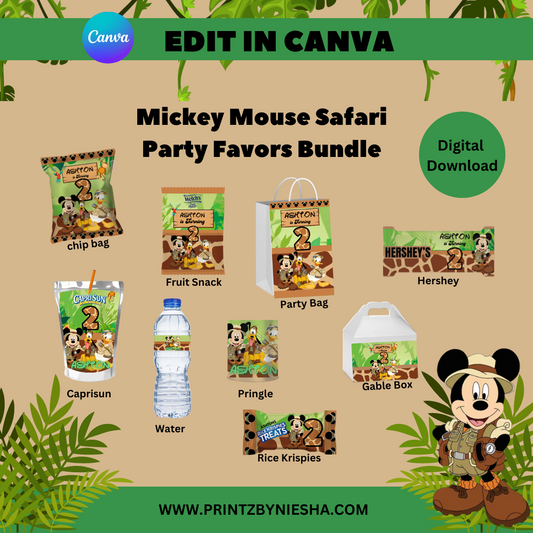 Editable Mickey Mouse Safari Party Favor Bundle