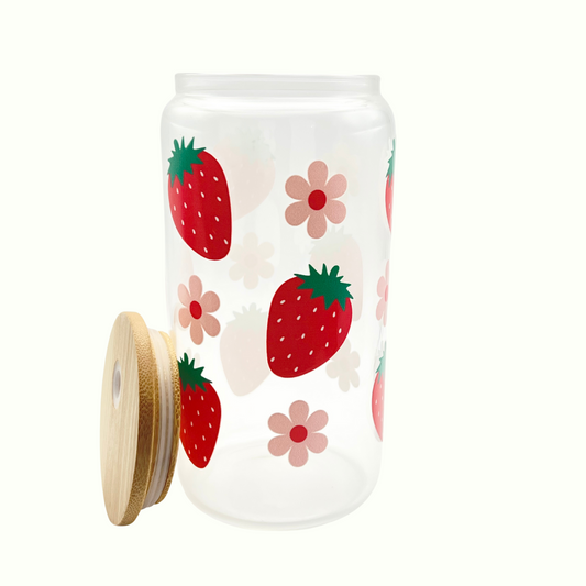 16 oz Strawberry Floral Glass Can